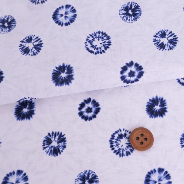 和柄コットン生地 丸しぼりの菊花柄 (白に藍) 10cm単位 切り売り