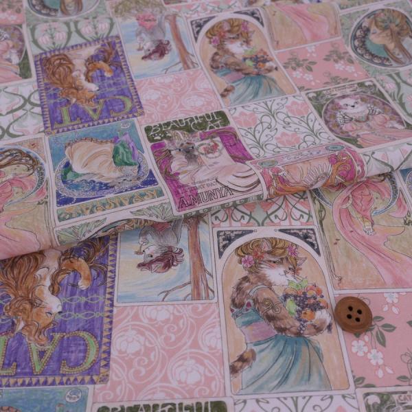 コットン生地 ミュシャ風ねこ柄(ピンク系) 10cm単位 切り売り