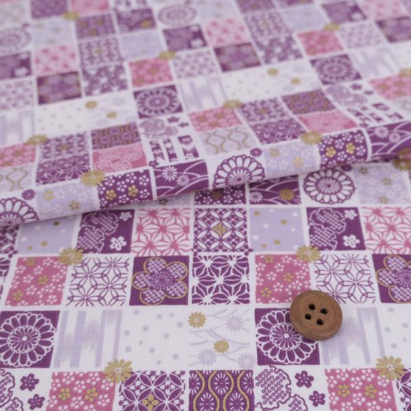 和柄コットン生地 市松パッチワーク文様(さくら紫) 10cm単位 切り売り