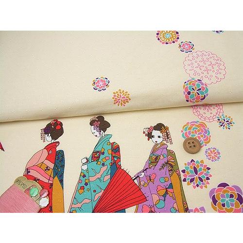 和柄コットン生地・舞妓さんのおでかけ(アイボリー) 10cm単位 切り売り