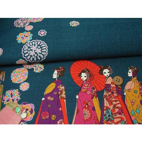 和柄コットン生地・舞妓さんのおでかけ(青緑) 10cm単位 切り売り