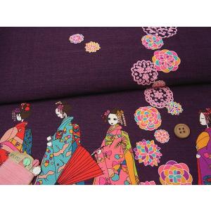 和柄コットン生地・舞妓さんのおでかけ(紫) 10cm単位 切り売り