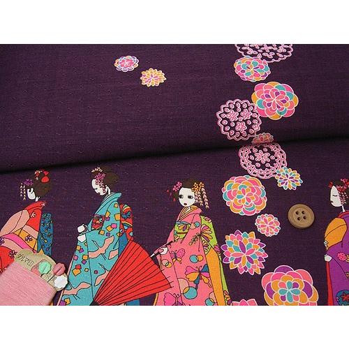 和柄コットン生地・舞妓さんのおでかけ(紫) 10cm単位 切り売り