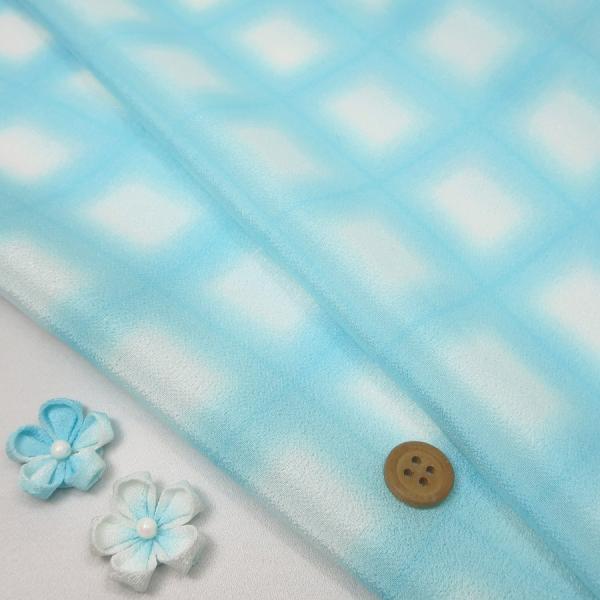 一越ちりめん生地 格子ぼかし(水色) 10cm単位 切り売り