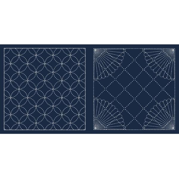 刺し子布 花ふきん (七宝/扇面) 藍色