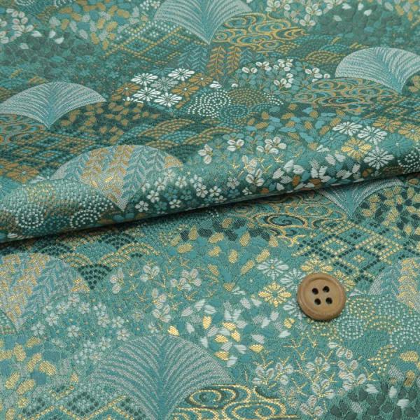 金襴生地(金らん) 柄の青海波(青緑色) 10cm単位 切り売り