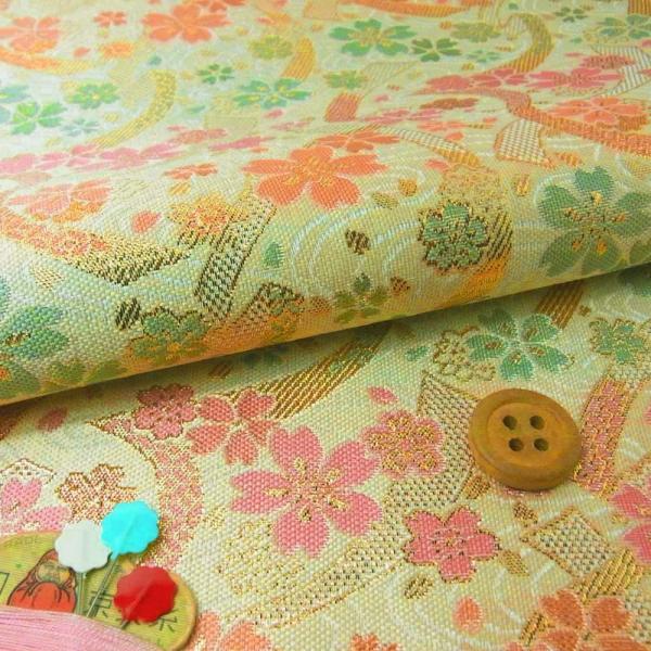金襴生地(金らん)流れのしに桜(ベージュ) 10cm単位 切り売り