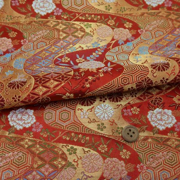 金襴生地(金らん) 花と伝統柄の金波模様(赤) 10cm単位 切り売り