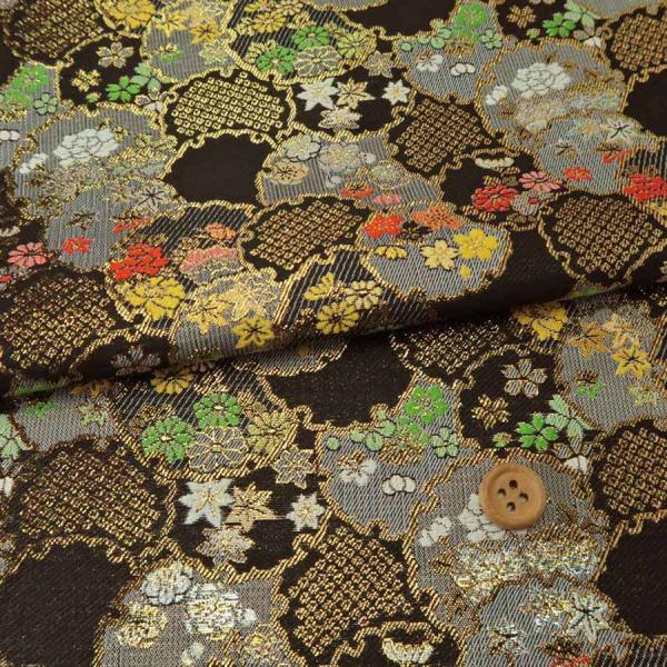 金襴生地(金らん) 雪輪尽くし花模様(黒) 10cm単位 切り売り