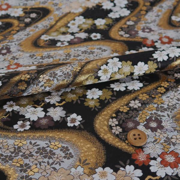 金襴生地(金らん) 流水にシックな五色桜(黒) 10cm単位 切り売り