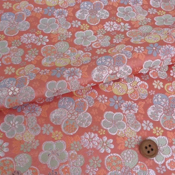 金襴生地(金らん) 親子ねじ梅(サーモンピンク) 10cm単位 切り売り