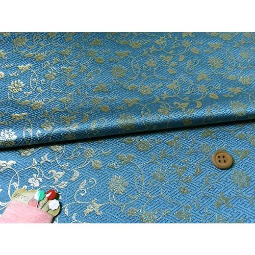 金襴生地(金らん)さやがたに花唐草(青) 10cm単位 切り売り