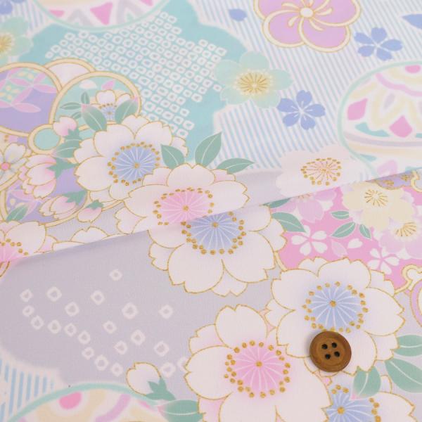 着物用洗える生地 縞に手まりと桜梅(水色) 10cm単位 切り売り