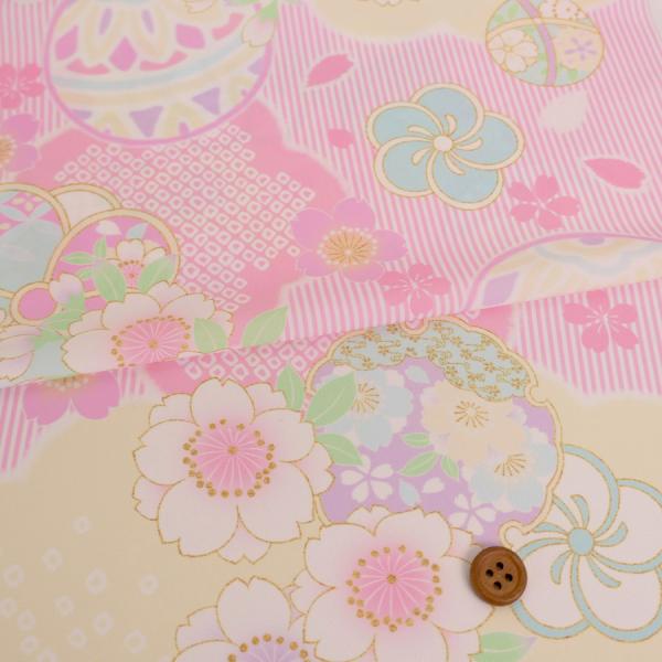 着物用洗える生地 縞に手まりと桜梅(ピンク) 10cm単位 切り売り