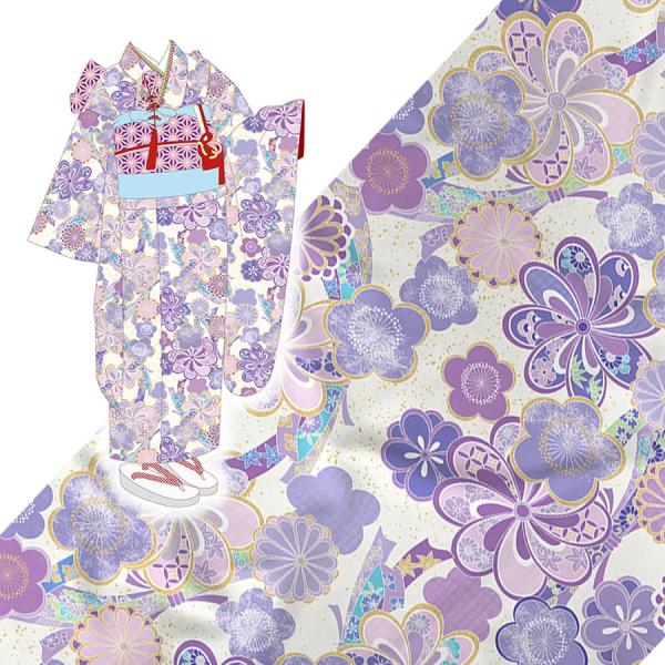 着物用洗える生地 束ねのしに和花(薄紫) 1反売り(約12m)