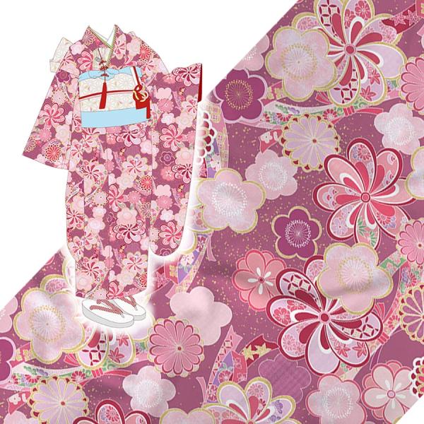 着物用洗える生地 束ねのしに和花(ピンク) 1反売り(約12m)