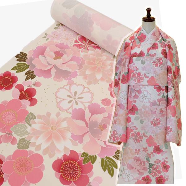 着物用洗える生地 和花の競演(コーラルピンク) 1反売り(約12m)