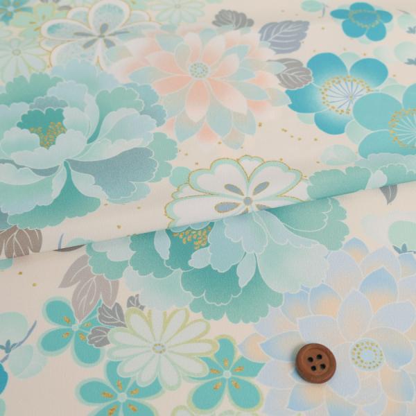 着物用洗える生地 和花の競演(ターコイズ) 10cm単位 切り売り