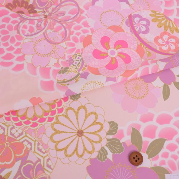 着物用洗える生地 大菊に桜梅(桃色) 10cm単位 切り売り