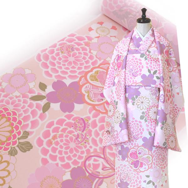 着物用洗える生地 大菊に桜梅(桃色) 1反売り(約12m)