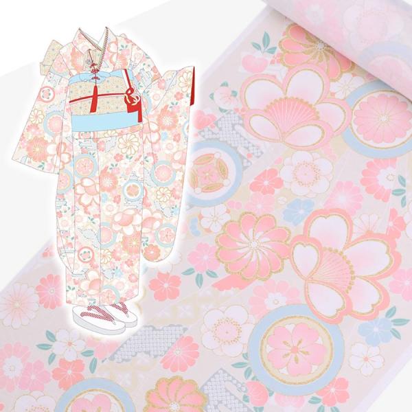 着物用洗える生地 のしめに花と丸紋散らし(クリーム系) 1反売り(約12m)