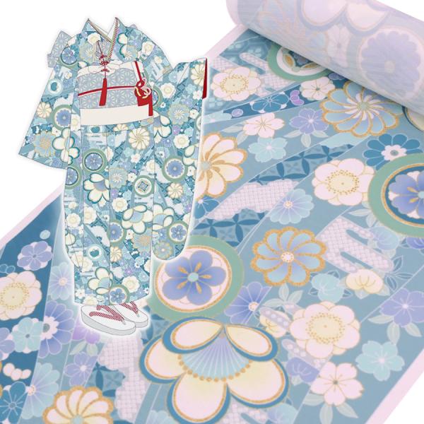 着物用洗える生地 のしめに花と丸紋散らし(ブルー系) 1反売り(約12m)