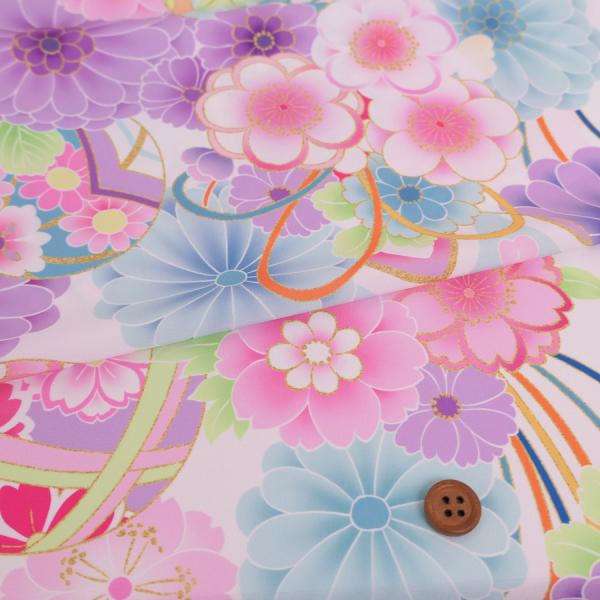 着物用洗える生地 彩り花結び(白地) 10cm単位 切り売り