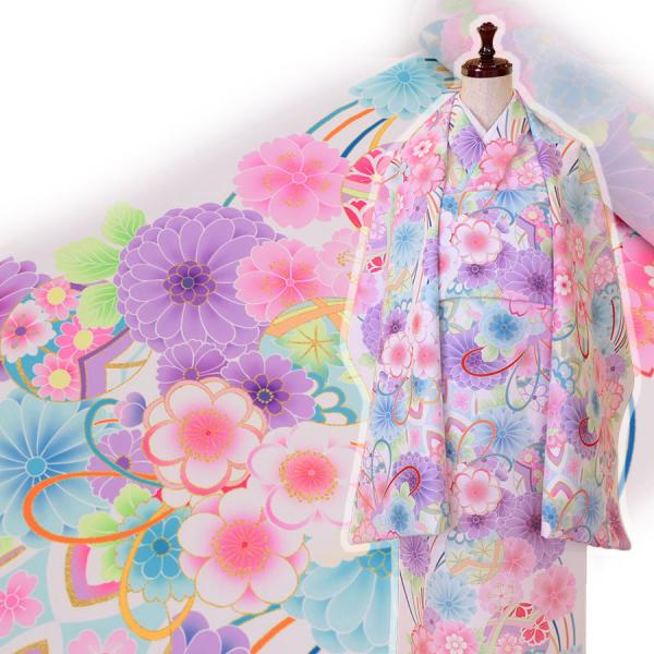 着物用洗える生地 彩り花結び(白地) 1反売り(約12m)