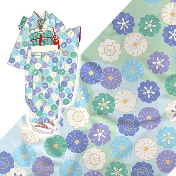 着物用洗える生地 菊梅並べ(ブルーグリーン) 1反売り(約12m)