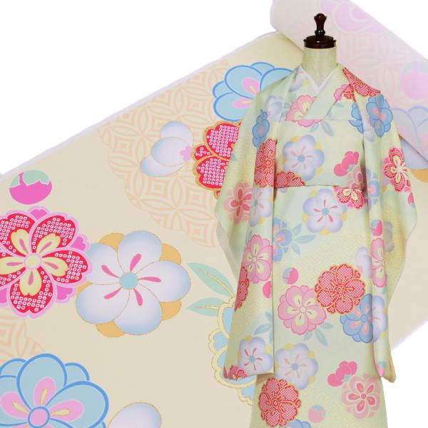 着物用洗える生地 七宝雲に梅桜(クリーム色) 1反売り(約12m)