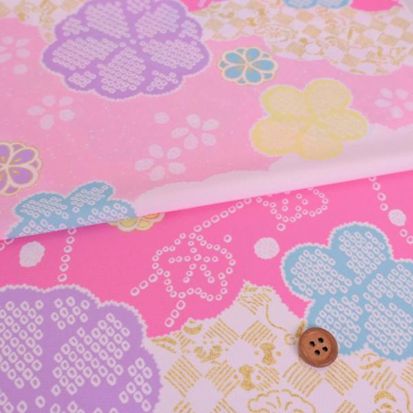 着物用洗える生地 宝尽くし雲取り柄にかのこ梅(ピンク) 10cm単位 切り売り