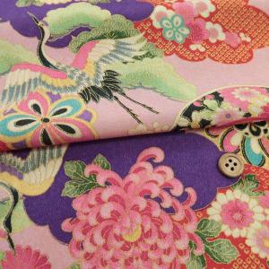 一越ちりめん生地 疋田雲に鶴と菊(紫/くすみピン...の商品画像