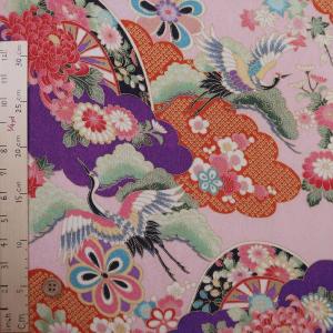 一越ちりめん生地 疋田雲に鶴と菊(紫/くすみピ...の詳細画像2