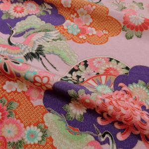 一越ちりめん生地 疋田雲に鶴と菊(紫/くすみピ...の詳細画像3