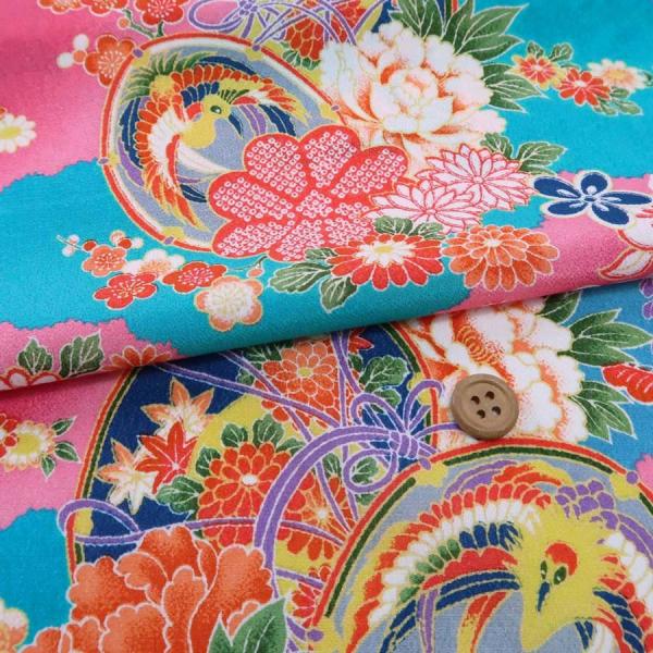 一越ちりめん生地 雲取り花鼓文様(青/ピンク) 10cm単位 切り売り