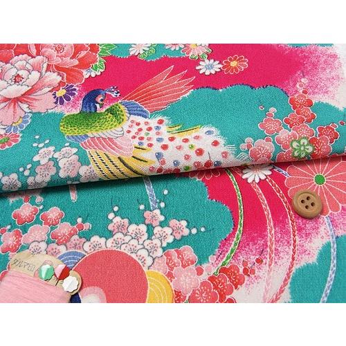 一越ちりめん・花孔雀(青緑) 10cm単位 切り売り