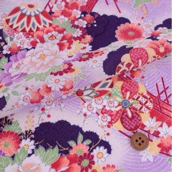 一越ちりめん・波文様に花(紫) 10cm単位 切り売り