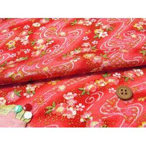 ちりめん生地・らせん流水に花と蝶(赤) 10cm単位 切り売り