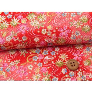 ちりめん生地・流水に花とくし柄(赤) 10cm単位 切り売り