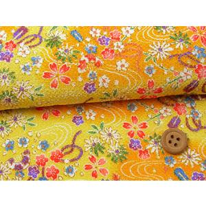 ちりめん生地・流水に花とくし柄(黄色) 10cm単位 切り売り