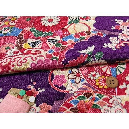古布再現ちりめん生地・平安花車模様(紫) 10cm単位 切り売り
