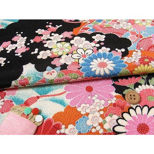 古布再現ちりめん生地・平安花車模様(黒) 10cm単位 切り売り