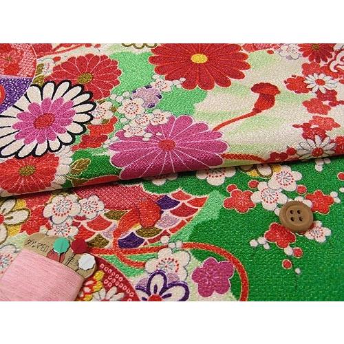 古布再現ちりめん生地・平安花車模様(緑) 10cm単位 切り売り