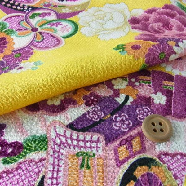 古布再現ちりめん生地・御所車に花扇(黄色) 10cm単位 切り売り