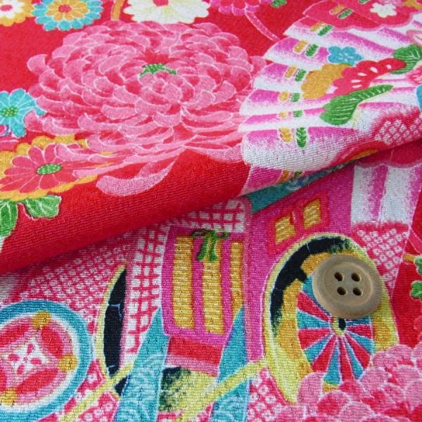 古布再現ちりめん生地・御所車に花扇(赤) 10cm単位 切り売り