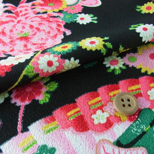 古布再現ちりめん生地・御所車に花扇(黒) 10cm単位 切り売り