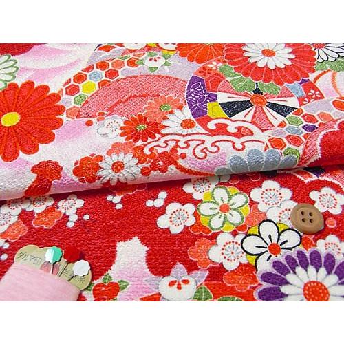 古布再現ちりめん生地・平安花車模様(赤) 10cm単位 切り売り