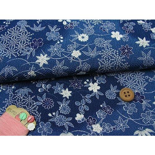 ちりめん生地・藍染調植物と麻の葉文様 10cm単位 切り売り