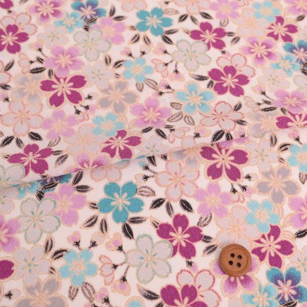 ポリちりめん生地 桜づくし(アイボリー/薄紫) 10cm単位 切り売り
