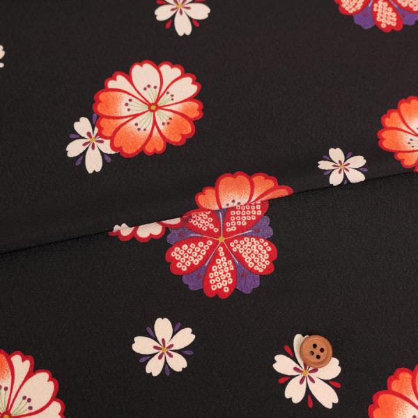 ポリちりめん生地 桜紋ちらし(黒/オレンジ) 10cm単位 切り売り